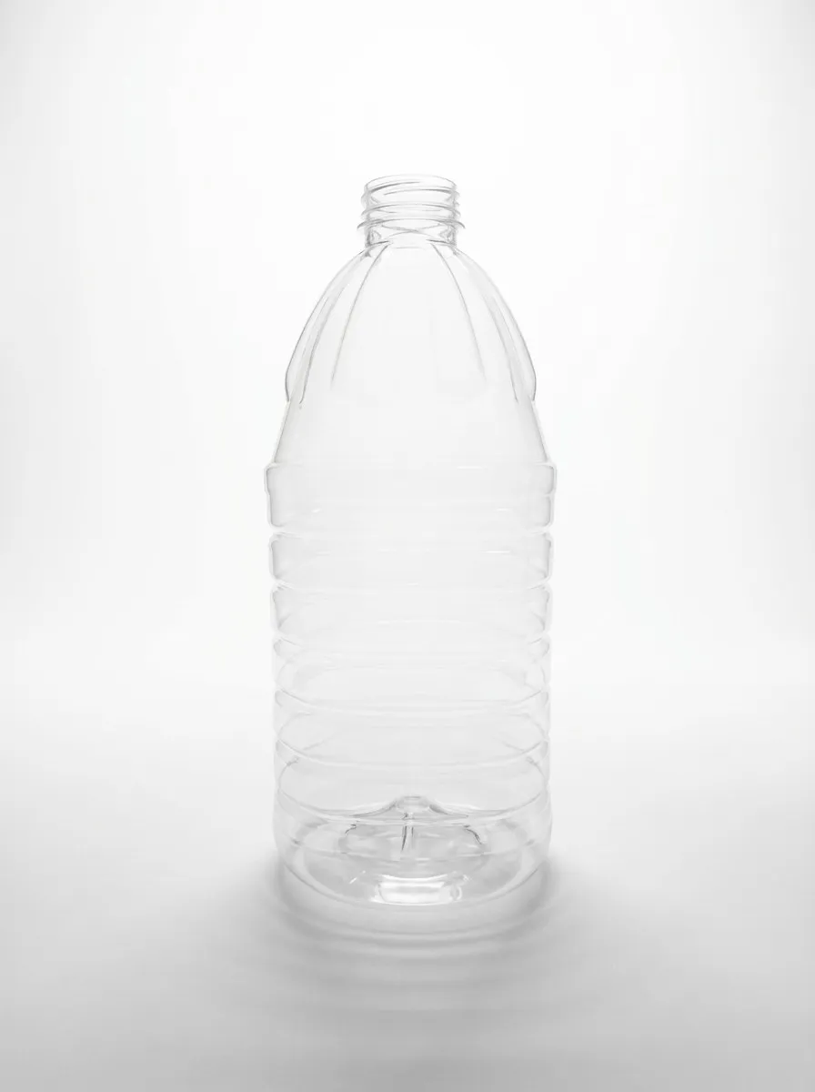 Large clear PET bottle with dome shoulder and ribbed body
