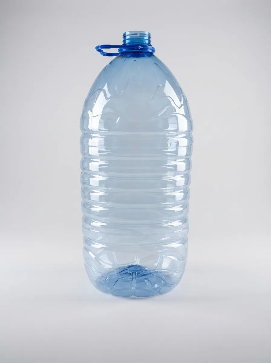 Clear PET water gallon with blue handle and ribbed body