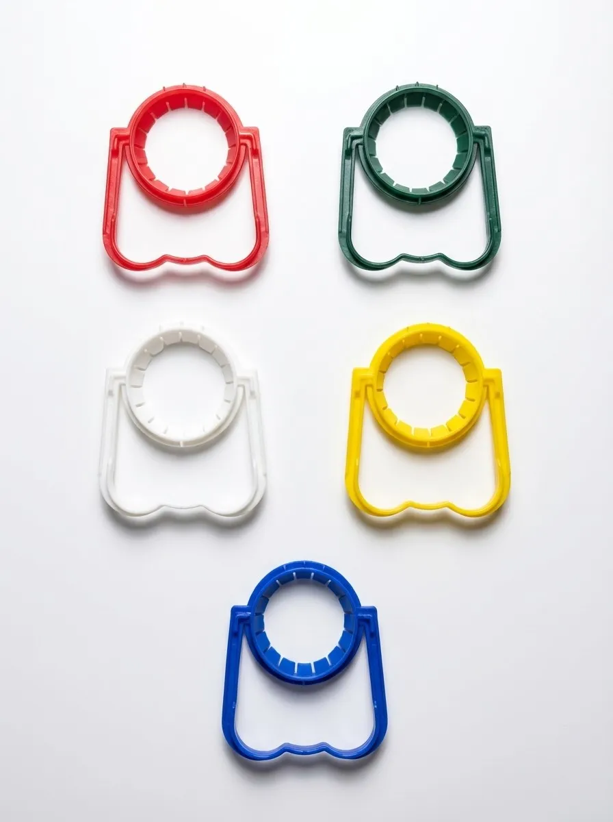 Five colorful plastic snap-on bottle carrying handles