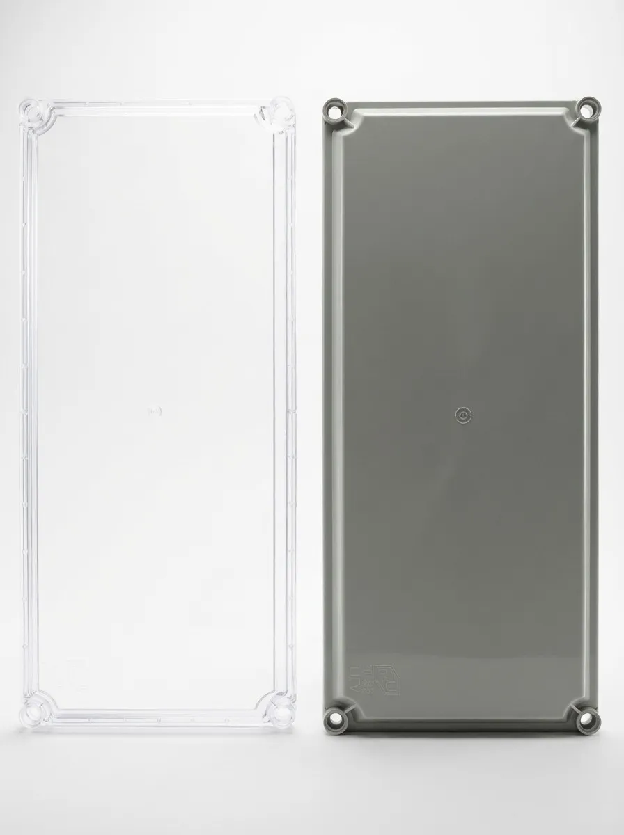 Rectangular electrical enclosure with clear lid and gray base