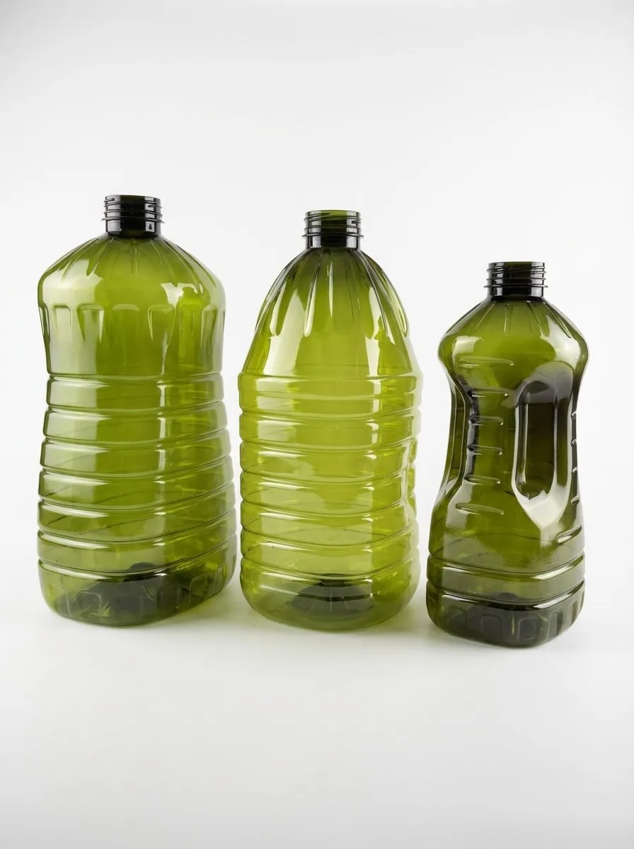 Three dark green PET oil bottles with integrated handle