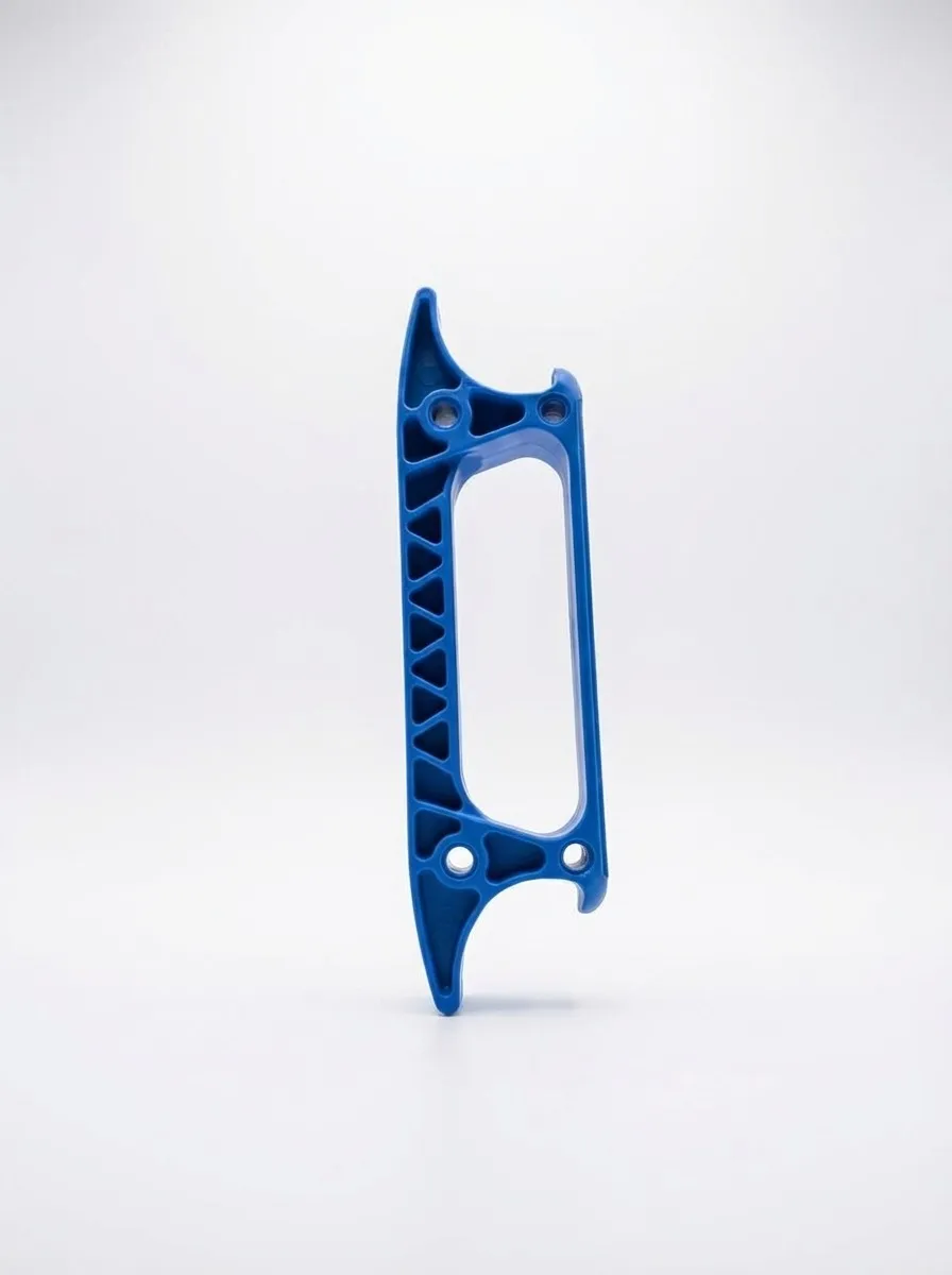 Blue injection-molded plastic gallon handle side view